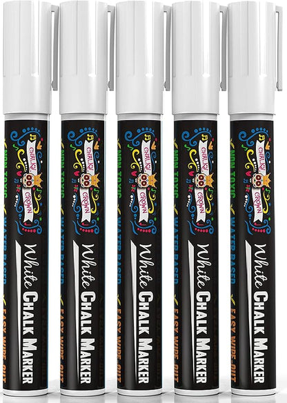 CHALKY CROWN Liquid Chalk Marker Pen - White Drawing Chalk - Chalkboard Markers for Chalkboard Signs, Windows, Blackboard, Glass - 6mm Reversible Tip (5 Pack)