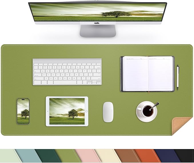Leather Desk pad Protector, Large Desk mat with Natural Cork & PU Leather,Mouse pad,Non-Slip Office Desk Mat,Waterproof Desk Writing Pad for Office and Home (35in*17in, Olive Green)