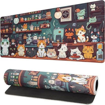 Gaming Mouse Pad Desk Pad,Extended Big Mouse Pad,31.5x11.8 Inch Long Computer Keyboard Mouse Mat Mousepad with 3mm Non-Slip Base and Stitched Edge for Gaming and Office… (cat)