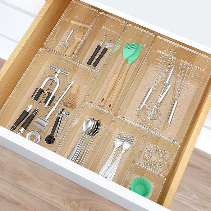 13 PCS Clear Plastic Drawer Organizers Set, 4 Size Desk Drawer Organizer Trays for Makeup, Jewelry, Kitchen Utensils, Gadgets and Office Accessories