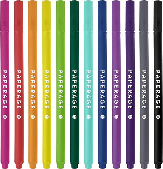 PAPERAGE Felt Tip Fine Point Pens (0.4mm), 12 Pack, Colored Pens For Journaling, Notebooks, Planners, Calendars & Drawing, Great for School, Office, & Home (Rainbow)