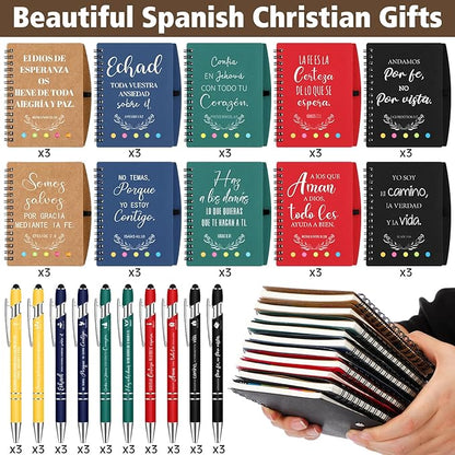 30 Sets Spanish Christian Gifts Bulk Religious Notebooks with Bible Verse Pens,inspirational Spiral Prayer Journal and Pen Set Church Gifts for Women Men Sunday Church Party Favors (Colorful)