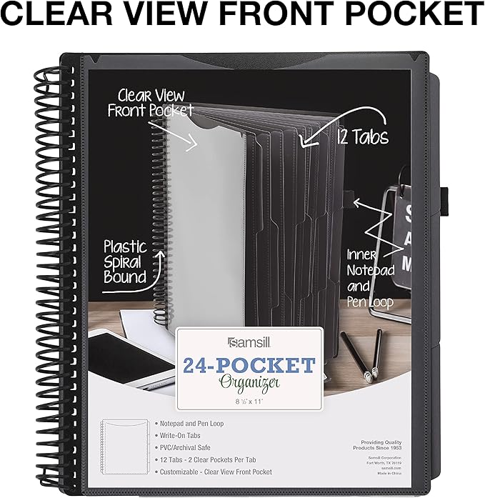 Samsill Deluxe 24 Pocket Spiral Project Organizer with Refillable Notepad Holder, Customizable Front Cover, 12 Dividers with Erasable Write-On Tabs in Gray, Plastic Folders with Pockets
