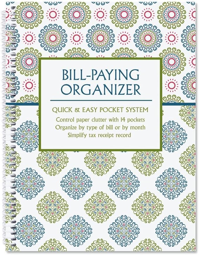 Fresh Patterns Bill Paying Organizer Book - Personal Account book, 9" by 12 inch, Spiral-Bound, 14 Pockets, 32 Label Stickers, Bill Tracking