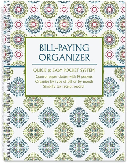 Fresh Patterns Bill Paying Organizer Book - Personal Account book, 9" by 12 inch, Spiral-Bound, 14 Pockets, 32 Label Stickers, Bill Tracking