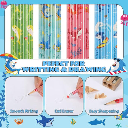 Geyee 36 Pcs Space Pencils Hawaiian Shark Themed Party Favors Assorted Novelty Fun Wood Writing Pencils with Erasers for Birthday Party Teacher Supplies(Shark)