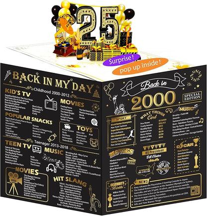25th Birthday Card for Men Women, 3D Pop Up 25th Birthday Gifts Cards for Him Her, Back In 2000 Funny 25 Year Old Birthday Decorations