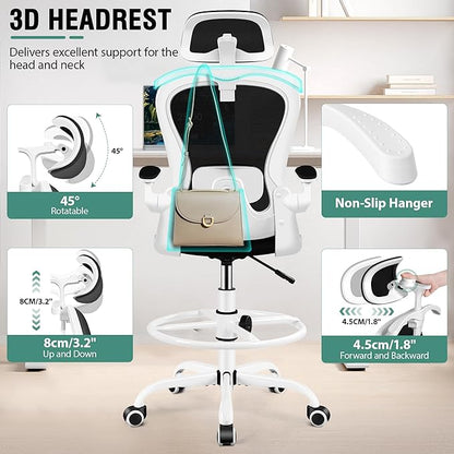 Drafting Chair, Tall Office Chair with 3D Lumbar & Head Support, Ergonomic Mesh Standing Desk Chair with Footring, Comfy Extended High Desk Chair with Flip-Up Arms & Hanger(White)