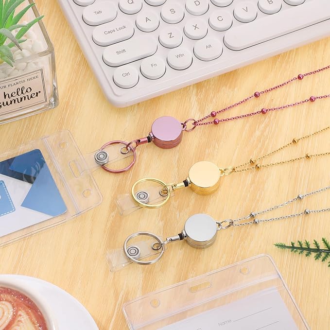 Lanyards for Id Badges 3 Pack Badge Lanyard with 6 Pcs Id Badge Holder Retractable Stainless Steel Teacher Lanyards Cruise Ship Lanyards for Girl Women (Gold, Silver, Pink)