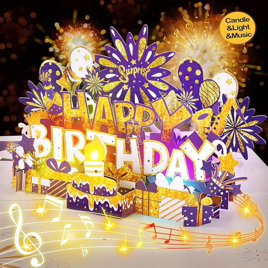 Birthday Card | Musical Pop Up Greeting Card w Light | Blow Out LED Light Candle & Play Happy Birthday Music Pop Up Card | Greeting Cards Gifts for Him or Her | Purple Gold (Blowable Candle)