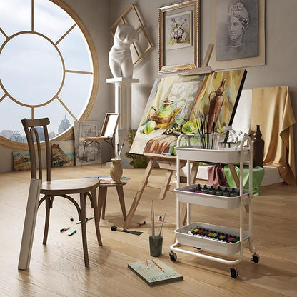 3-Tier White Utility Rolling Cart,Kitchen Storage Carts with Wheels,White Metal Rolling Cart for Office,Home,Kitchen,Garden（18"x11.4"x31.2"）