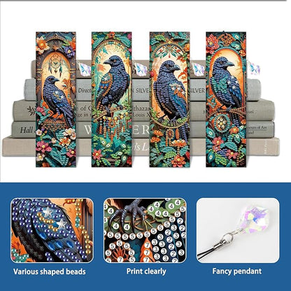 4-Piece Diamond Painting Bookmarks Set for Adults – DIY 5D Rhinestone Art Bookmarks with Tassels, Crow Design Diamond Art Bookmarks for Crafts and Gifts, Ideal Gift for Book Lovers