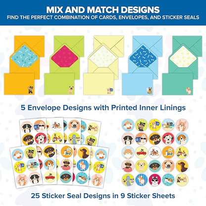 Decorably 50 Pack 6x4in Dog Blank Cards with Envelopes and Stickers, 25 Adorable Designs Blank Dog Note Cards with Envelopes - Baby Shower, Kid's Party, Birthday