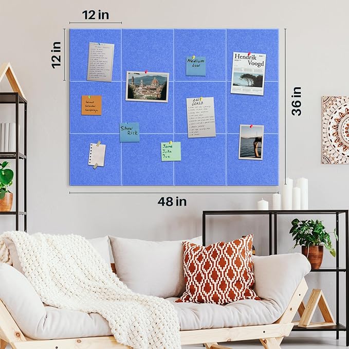 DOLLAR BOSS Large Cork Board for Wall 48" x 36" x 0.5" Bulletin Board 12 Packs Black Cork Board Tiles Self Adhesive Felt Wall Tiles with Pushpins, Corkboard for Office Pin Board Tack Board, Blue