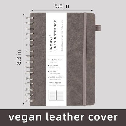 Lined Spiral Notebook Journal for Women Men 160 Pages A5 College Ruled Hardcover Leather with Pen Holder Notebook Journals for Note Taking Work Gray