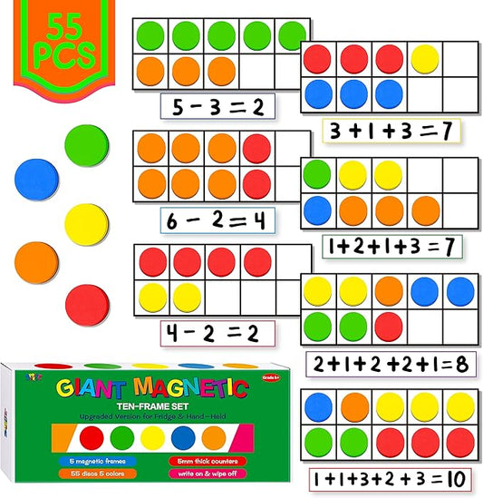 Magnetic Ten-Frame Set, Including 5 Frames (no Hollowed Out) and 55 Colorful Discs (Upgraded Version for Fridge & Hand-held)