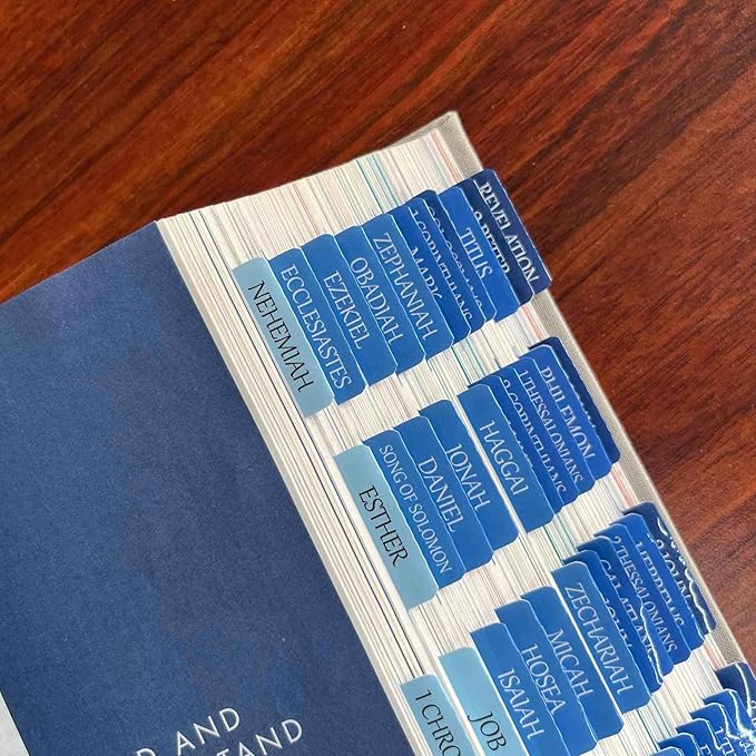 Thinkor Reposition Bible Tabs, Large Print Lanimated Stickers, Easy to Read and Apply Bible Tabs for Women and Man (Four Blue)