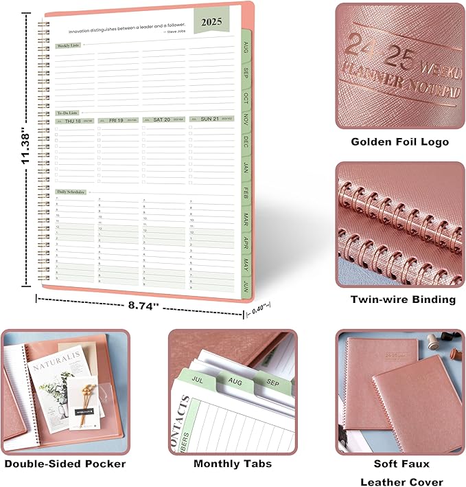 2024-2025 Planner -11.38'' x 8.74'', Weekly & Monthly Planner Notepad, From JUL.2024 - JUN.2025, Appointment Book, 60 Minutes Interval, Monthly Tabs, Faux Soft Leather, Spiral Bound - Rose Golden