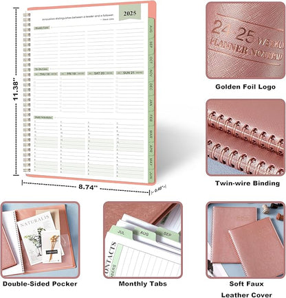 2024-2025 Planner -11.38'' x 8.74'', Weekly & Monthly Planner Notepad, From JUL.2024 - JUN.2025, Appointment Book, 60 Minutes Interval, Monthly Tabs, Faux Soft Leather, Spiral Bound - Rose Golden