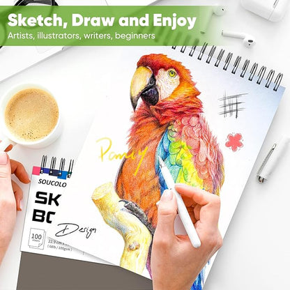 Soucolor 9" x 12" Sketch Book, 1-Pack 100 Sheets Spiral Bound Art Sketchbook, Acid Free (68lb/100gsm) Artist Drawing Book Paper Painting Sketching Pad