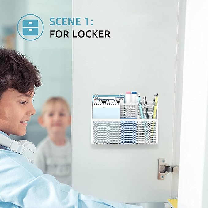 DALTACK Magnetic Pencil Holder Magnetic Shelf for the Whiteboard 3-Grid Mesh Magnetic Pen Holder for Refrigerator Magnetic Organizer Locker Accessories Organizer for Home, School and Office, White