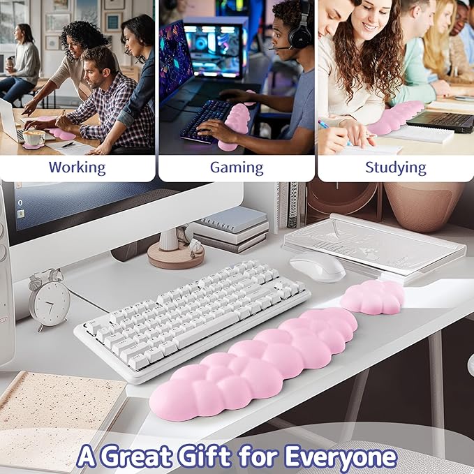 Cloud Wrist Rest Keyboard, Cloud Palm Rest Set with PU Leather Memory Foam, Cute Keyboard Rest for Wrist Support and Arm Rest, Desk Cloud Wrist Pad for PC/Gaming/Hand Cushion/Computer-Pink