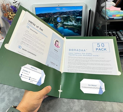 BIBRADAA® 50 Packs Dark Green Pocket Folders,Paper Folder Surface with Waterproofing,Letter Size,Holds 100 Plus Sheets,for School,Office,Business. (50, Dark Green)