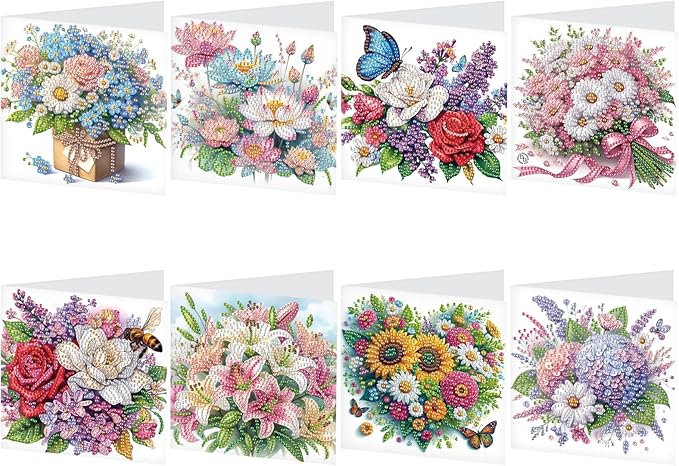 8 Packs Diamond Art Painting Greeting Card Kit Diamond Art Greeting Cards Special Shaped Diamond Painting Greeting Card Arts Crafts for Christmas Birthday Thanksgiving Day Holiday (Flowers 30x15cm)