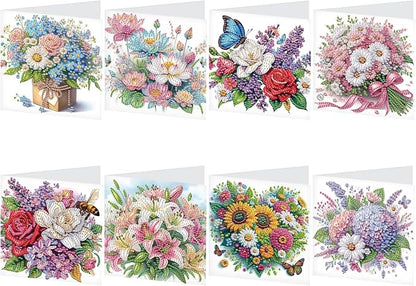 8 Packs Diamond Art Painting Greeting Card Kit Diamond Art Greeting Cards Special Shaped Diamond Painting Greeting Card Arts Crafts for Christmas Birthday Thanksgiving Day Holiday (Flowers 30x15cm)