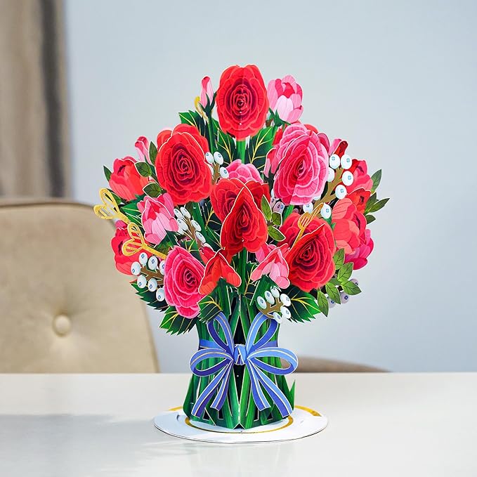 Paper Love 3D HugePop Red Roses Pop Up Card, with Detachable Paper Flower Bouquet, Gift For Birthday, Anniversary, All Occasion - Jumbo 10" x 14" Cards - Includes Envelope and Note