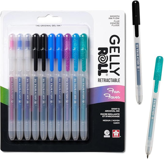 SAKURA Gelly Roll Retractable Gel Pens Colored - Sparkle Set - Medium Point Ink Pen for Journaling, Art, or Drawing - Colored Gel Pens with Glitter, Metallic, Blue & Black Pens - 10 Pack
