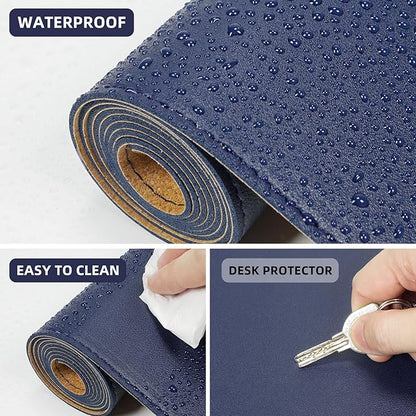Leather Desk pad Protector, Large Desk mat with Natural Cork & PU Leather,Mouse pad,Non-Slip Office Desk Mat,Waterproof Desk Writing Pad for Office and Home (47in*17in, Blue)
