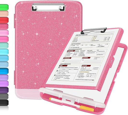 Sooez Glitter Clipboard with Storage, High Capacity Storage Clipboard with Pen Holder, Cute Clip Boards 8.5x11 with Low Profile Clip, Sparkle Plastic Clipboard Case Box for Women & Kids, Side Opening