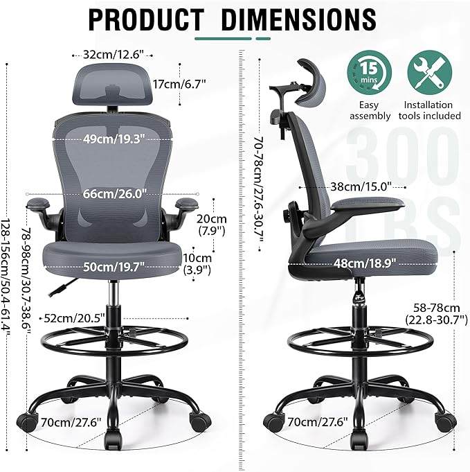 Drafting Chair, Tall Office Chair with 3D Lumbar & Head Support, Ergonomic Mesh Standing Desk Chair with Footring, Comfy Extended High Desk Chair with Flip-Up Arms & Hanger (Dark Gray)