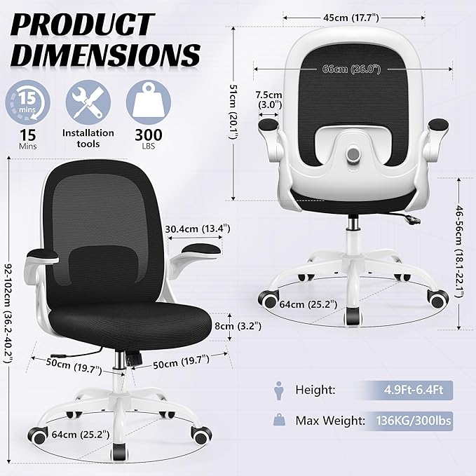 Office Chair Ergonomic Desk Chair with Adjustable 3D Lumbar Support and Height, Comfy Mesh Computer Chair with Flip-up Armrests, Swivel Rolling Task Chair with Wheels for Home Office (White)