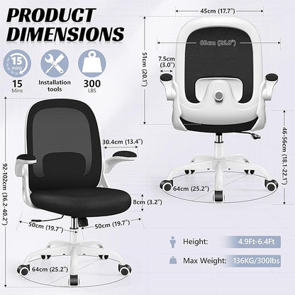 Office Chair Ergonomic Desk Chair with Adjustable 3D Lumbar Support and Height, Comfy Mesh Computer Chair with Flip-up Armrests, Swivel Rolling Task Chair with Wheels for Home Office (White)