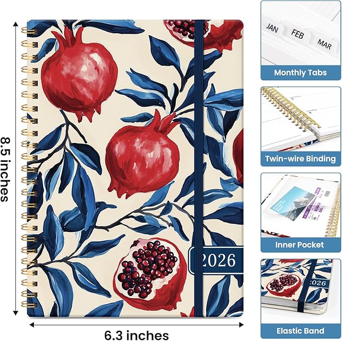 2026 Planner, Aesthetic Weekly and Monthly Planner for Women, Jan 2026 to Dec 2026, Hardcover 2026 Calendar Book with Monthly Tabs, Inner Pocket, Perfect for Office Home School - A5 (6.3" x 8.5"), Pomegranate