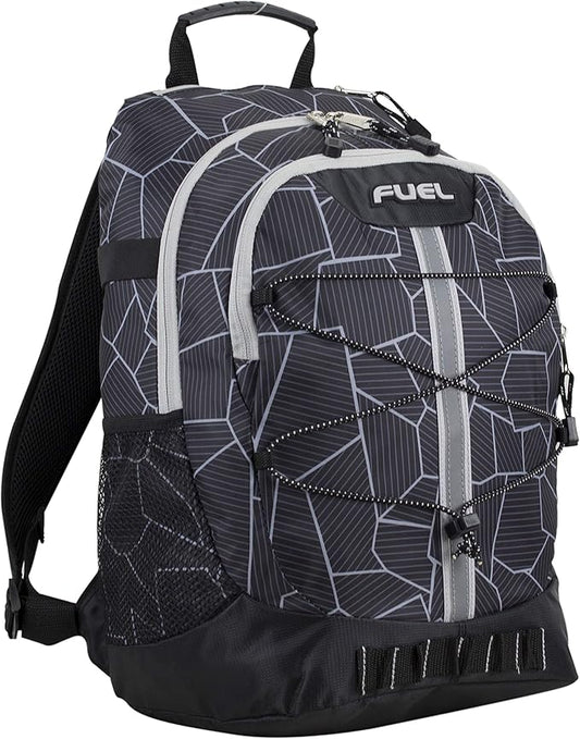 FUEL Hiking Backpack for Women Men Terra Sport, Travel, College, Gym, Work with Laptop Sleeve, Bungee, 18 Inches, Black Geometric