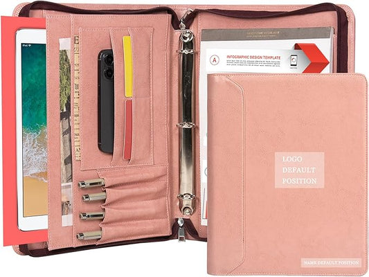 Free Engraved Name, Customized Pink Binder Portfolio, 3 Ring Binder Padfolio, Business Organizer Folio with Zipper, A4 Letter Sized Clipboard Portfolio, Gift for for Women/Girls, Pink