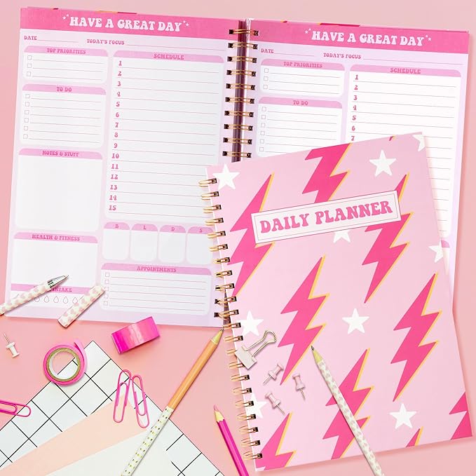 CNhoqc A4 Lightning Planner Notebook - Pink Preppy Lightning A4 Planner Notebook Teen Girl Y2K To Do List Daily Task Checklist Time Management Notepad Daily Agenda Christmas Winter Xmas New Year Gifts