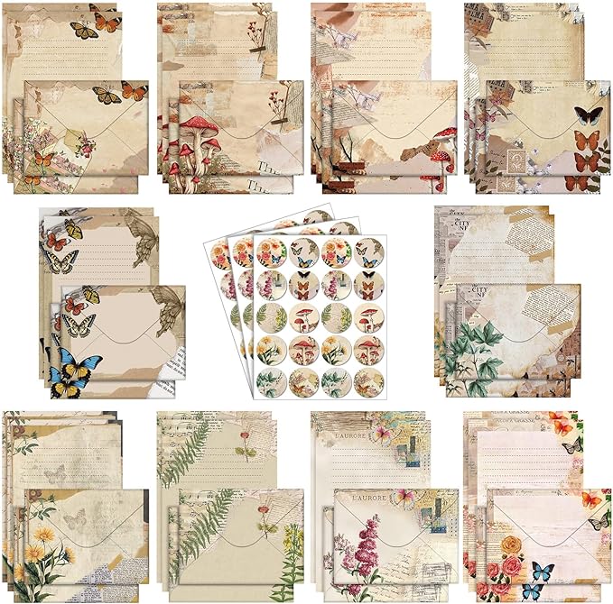 TaoBary 160 Packs Stationery Paper Set (50 Double Sided Stationery Writing Papers 50 Matching Envelopes) 60 Round Dot Sticker, 10 Design(5.5 x 8.25 Inch,Nature Vintage Style)