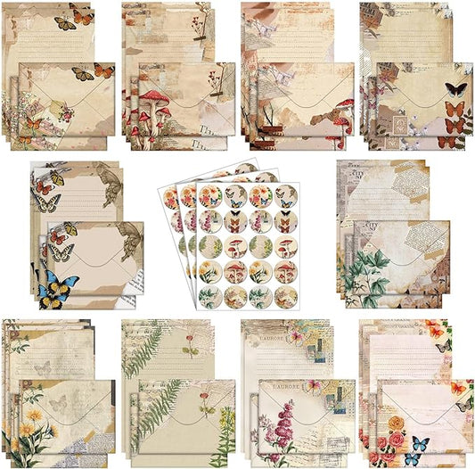 TaoBary 160 Packs Stationery Paper Set (50 Double Sided Stationery Writing Papers 50 Matching Envelopes) 60 Round Dot Sticker, 10 Design(5.5 x 8.25 Inch,Nature Vintage Style)