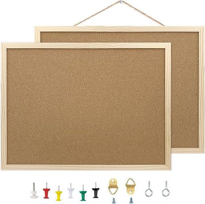 2 Pack Cork Board Bulletin Board, 15.7"X 11.81" inches with Oak Wood Finish Frame, for Wall Office Home and School (Pins, Eye Bolts, gaskets, Screws)