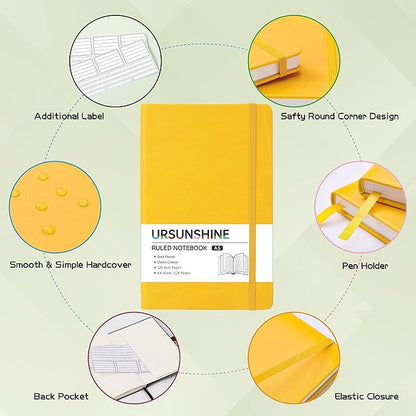 Ruled Notebook/Journal - Classic Lined Journal/Notebook, Hardcover with Thick Paper, 5.3" x 8.26", Banded + Ribbon Bookmark +Inner Pocket - Yellow
