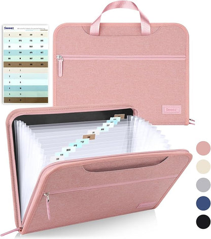 Sooez Heavy Duty Accordion File Organizer with Hidden Handle, Portable 12 Pockets Expanding File Folders, Cloth Monthly Bills Receipt Organizer for Letter/A4, School Classroom Home & Office Supplies
