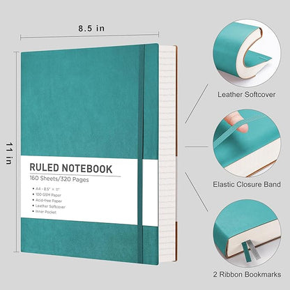 RETTACY Journaling Notebooks, A4 Lined Notebook Journal with 320 Pages, 8.5" × 11", Large Size, Notebook Journal for Work, School, Writing, Leather Softcover, 100 GSM Thick Paper (Cyan)