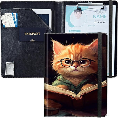 PU Leather Padfolio Clipboard Notepad with Pen Loop and Elastic Strap Interview/Resume Document Organizer for Business School Office,Kitten with Glasses