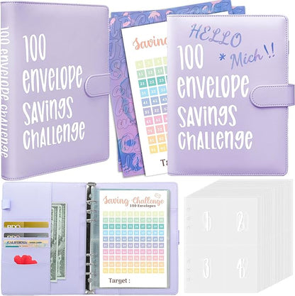 Axolotl 100 Envelopes Money Saving Challenge Binder, A5 Savings Budget Challenges Binders with Cash Envelopes, 100 Days Envelope Saving Binder Book, Budget Planner (Matt Purple)
