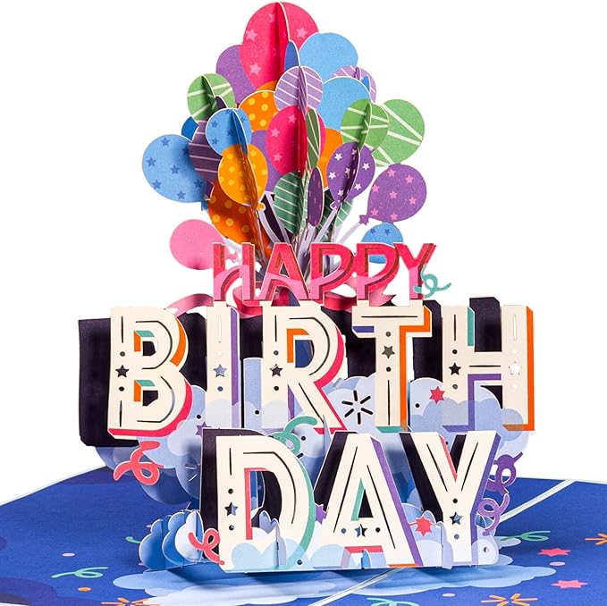 Paper Love 3D Birthday Pop Up Card, Happy Birthday Balloons, For Adults or Kids -5" x 7" Cover - Includes Envelope and Note Tag (Birthday Card)