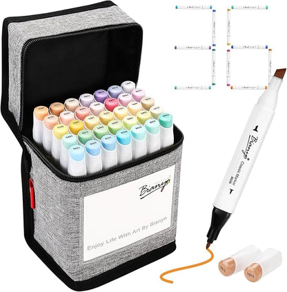 Bianyo 36 Pastel Colors Alcohol Markers Set, Alcohol-Based Dual Tip Art Markers Set with Black Travel Case with a Designable Card for Coloring, Sketching, Drawing, Outlining, Highlighting
